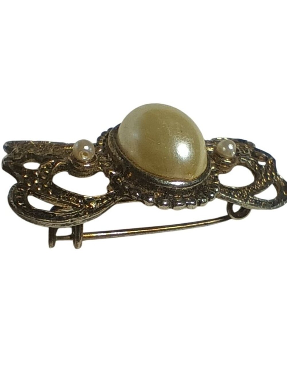 Vintage Filigree Brooch Gold-Tone With Faux Pearl Accents & Oval Centerpiece